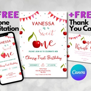 Cherry First Birthday Invitation Card Template, Cherry 1st/First Birthday Invite, Editable in Canva