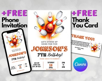 Bowling Birthday Bash! Editable Invitation Template for Sports Party in Canva