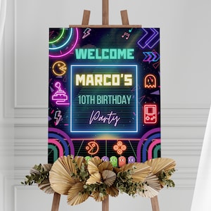 Glow Gaming Arcade Birthday Party Welcome Sign | Neon Glow Party Welcome Board | Editable | Instant Download