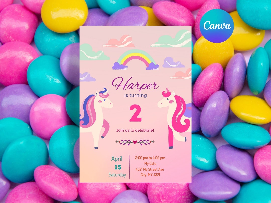 Unicorn Birthday Invitation Card Template Princess Birthday Etsy