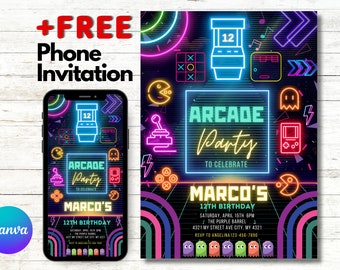 Invitation de fête d'anniversaire d'arcade modifiable Neon Boy Game Party Glow Gaming Arcade Birthday Party Neon Glow Party Téléchargement instantané