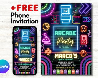 EDITABLE Arcade Birthday Party Invitation Neon Boy Game Party Glow Gaming Arcade Birthday Party Neon Glow Party Instant Download