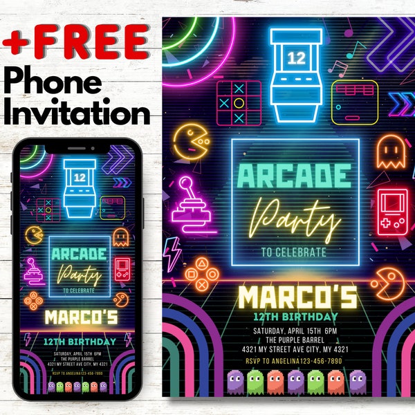 EDITABLE Arcade Birthday Party Invitation Neon Boy Game Party Glow Gaming Arcade Birthday Party Neon Glow Party Instant Download