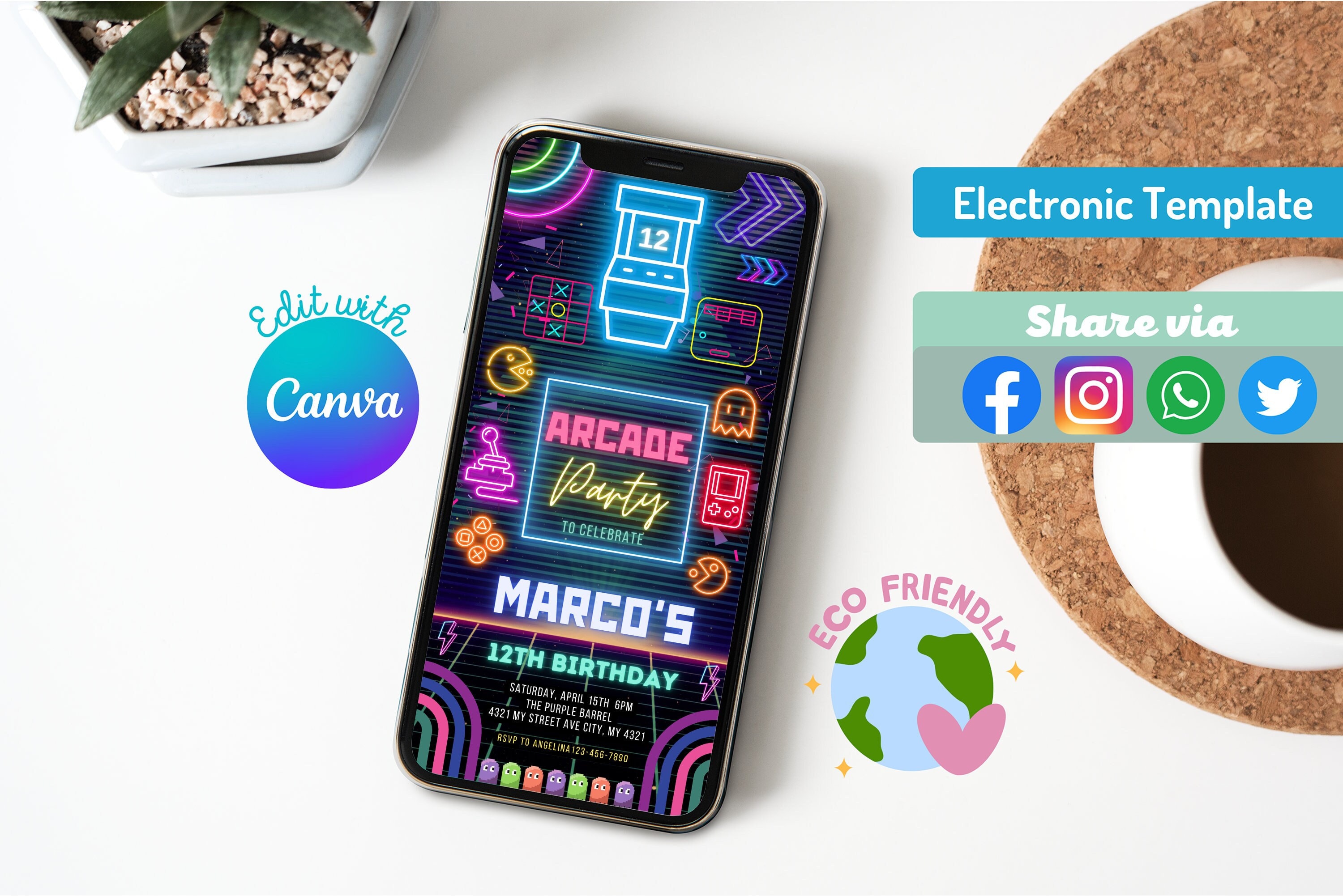 Neon Glow Party Digital Invitation | Editable Arcade Birthday Party Digital Invite | Instant Download | Gaming Arcade Theme