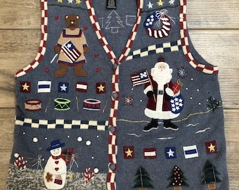 Chaleco de punto para mujer de Planet Company, diseño navideño feo, patriótico, talla M.