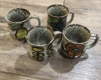 Vtg Otagiri Stoneware Mugs with Flower & Fruit Speckled Design MCM mugs Set Of 4