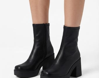 Y2K Chunky Platform Block Heel Square Toe Mid Calf Boots Black Womens Size 8