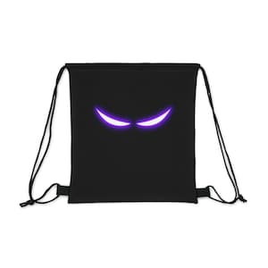 May include: Black drawstring bag with a purple glowing eye design.
