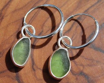 Green sea glass earrings. Handmade with sterling silver. Sea glass hoops. Salted granola girl aesthetic