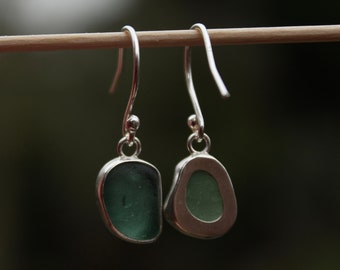 Green sea glass earrings. Handmade with sterling silver, Sea glass hoops, sea glass hook wires, Salted granola girl aesthetic