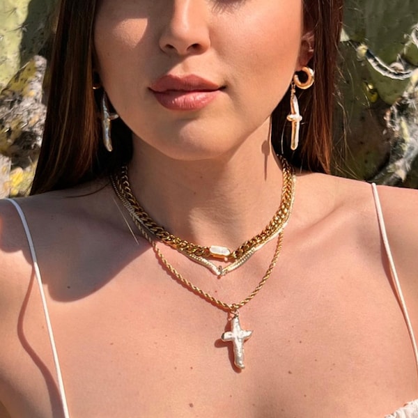 Collier Croix Perles Pour Femme, Gros Pendentif Croix Tendance, Idéal Pour Look Layéré Et Superposé