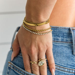 Waterproof PVD Gold Minimalist Bracelet Set: Herringbone, Tennis, Rope Chains - Dainty Jewelry Gift for Her, nontarnish bracelet stack