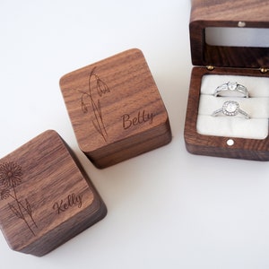 Custom Wooden Ring Box with Birth Flower, Engagement Ring Box, Wedding Proposal, Engraving Ring Box, Anniversary Gift, Birthday Gift