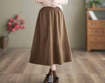 A Line Wool Skirt Women, Wool Skirt Midi Length, Elastic Waist Midi Skirt, Woolen Midi Skirt with Pockets, Khaki, Black, US Size XS-L