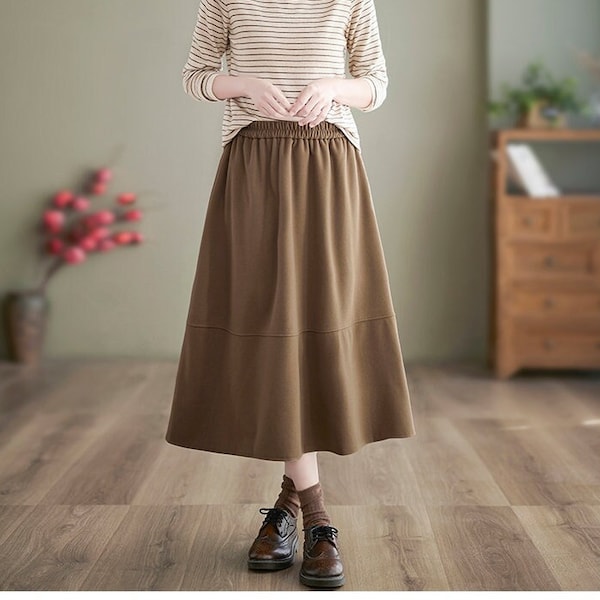 A Line Wool Skirt Women, Wool Skirt Midi Length, Elastic Waist Midi Skirt, Woolen Midi Skirt with Pockets, Khaki, Black, US Size XS-L