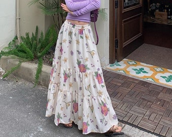 Floral Print Maxi Skirt Women, Elastic Waist A Line Maxi Skirt, Loose Fit Plus Size Maxi Skirt, White Tiered Maxi Skirt