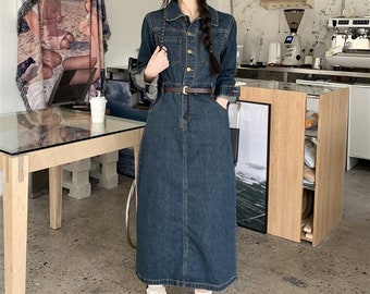 Denim Midi Dress with Belt, Denim Midi Dress with Long Sleeves, Denim Midi Dress with Pockets, Button Front Denim Dress, Slit Hem Back Dress