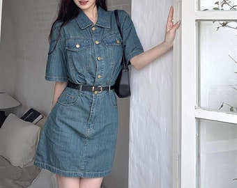 Denim Mini Dress with Short Sleeves, Vintage Denim Dress, Denim Mini Dress for Women, Aline Denim Mini Dress, Button Front Denim Mini Dress