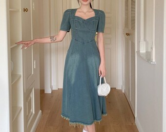 Denim Midi Dress for Women with Short Sleeves, French Denim Dress, Denim Dress Midi, Denim Dress with Puff Sleeve, Denim Dress with Pockets