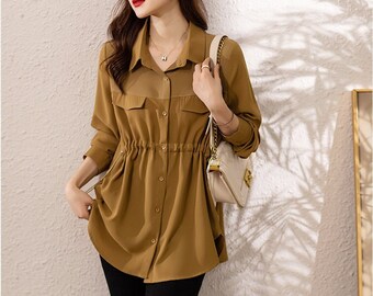 Shirt Blouse for Women, Fall Plus Size Long Sleeve Blouse, Casual Collared Blouse, Elastic Waist Blouse, Button Front Blouse, XXS-1XL