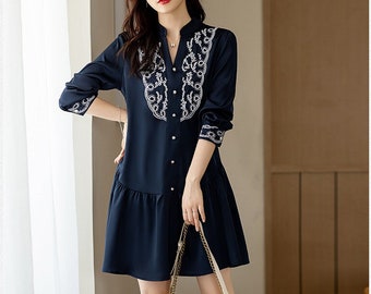 Embroidery Long Sleeve Dress Women, Slit V Neck Dress, Ruffle Hem Dress Black, Button Front Puff Sleeve Dress, Above Knee Length Dress