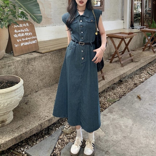 Robe mi-longue en denim avec ceinture, robe cargo en jean pour femme, robe mi-longue en jean à manches courtes, robe en jean vintage