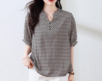 Black and White Plaid Blouse Women Plus Size, Half Sleeve Plaid Blouse, Slit Neck Blouse, Checked Blouse, Plus Size Plaid Blouse, S-3XL