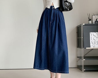 Denim Skirt Women, Denim Skirt Midi Length, Elastic Waist Midi Denim Skirt, Midi Skirt with Pockets, A Line Denim Skirt, US Size XS-1XL