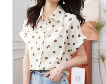 Womens Button Down Shirts Polka Dot Classic Short Sleeve Collared Office Work Blouses Tops with Pocket