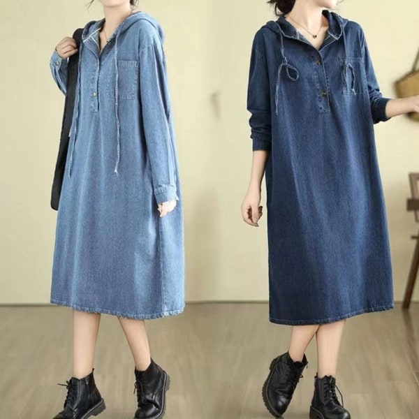 Denim Hoodie Dress, Denim Dress Long Sleeve Midi Length, Denim Pocket Dress, Denim Dress with Buttons, Casual Denim Dress Loose Fit