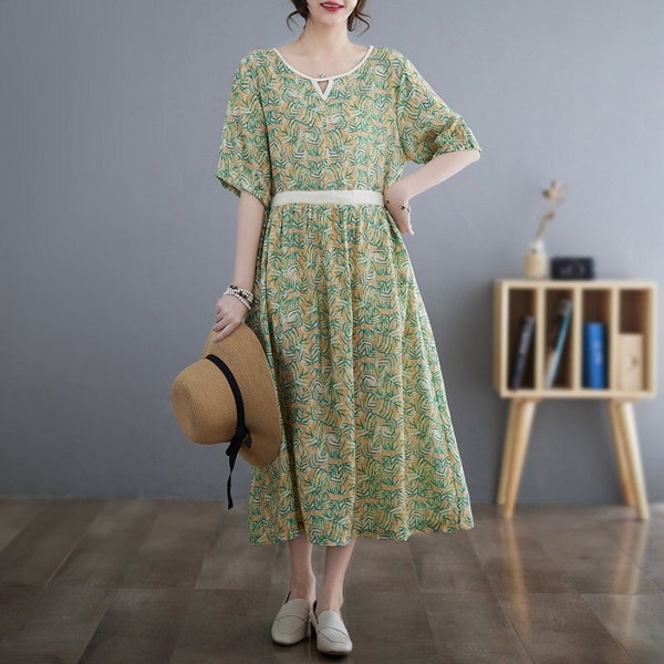 Cotton Linen Print Dress for Women, Floral Print Midi Dress for Women,  Half Sleeve Waisted Midi A Line Dress, Cotton Linen Midi Dress Women