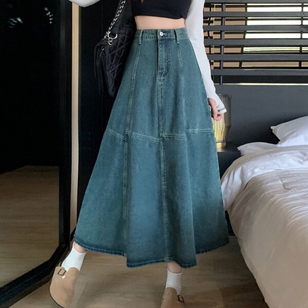 Denim Midi Skirt Women, Elastic Waist Denim Skirt Long, Ruffle Denim Skirt, Denim Skirt Midi Length, Blue, Black, US Size XS-1XL