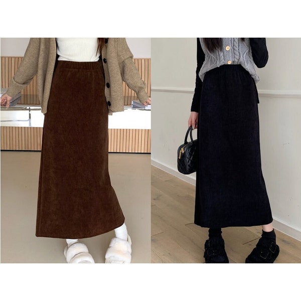 Corduroy Midi Skirt Women, Straight Corduroy Skirt, Elastic Waist Midi Skirt, Back Slit Midi Skirt, Midi Skirt Long, Midi Skirt Trendy,S-1XL