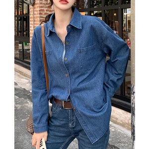 Women's Casual Button Down Denim Blouse Pockets Long Sleeve, Women's Denim Blouse Long Sleeve, Denim Blouse Shirt Women