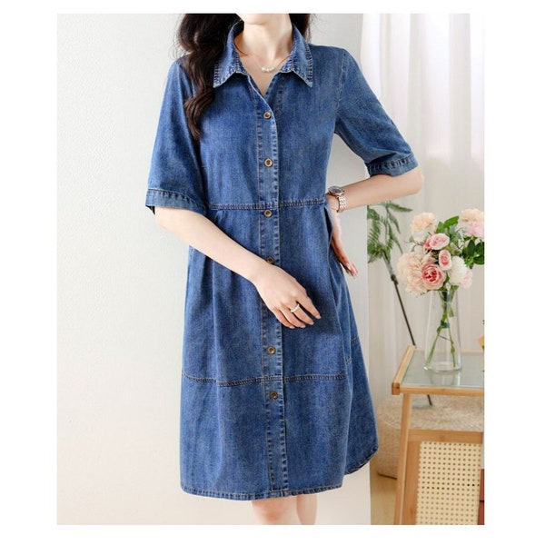 Robe midi en jean avec demi-manches, robe en jean vintage, robe en jean à col chemise, robe en jean avec poches