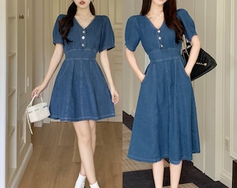 Denim Dress V Neck, Denim Dress with Short Sleeves, French Denim Dress, Denim Dress Midi, Denim Dress Mini, Denim Dress for Women