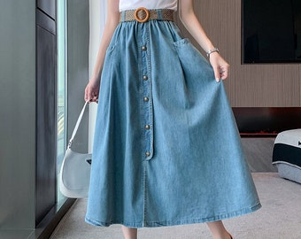 Denim Midi Skirt with Belt, Front Slit Denim Midi Skirt with Long Button Front, Denim Skirt Elastic Waist for Women, Casual Denim Midi Skirt