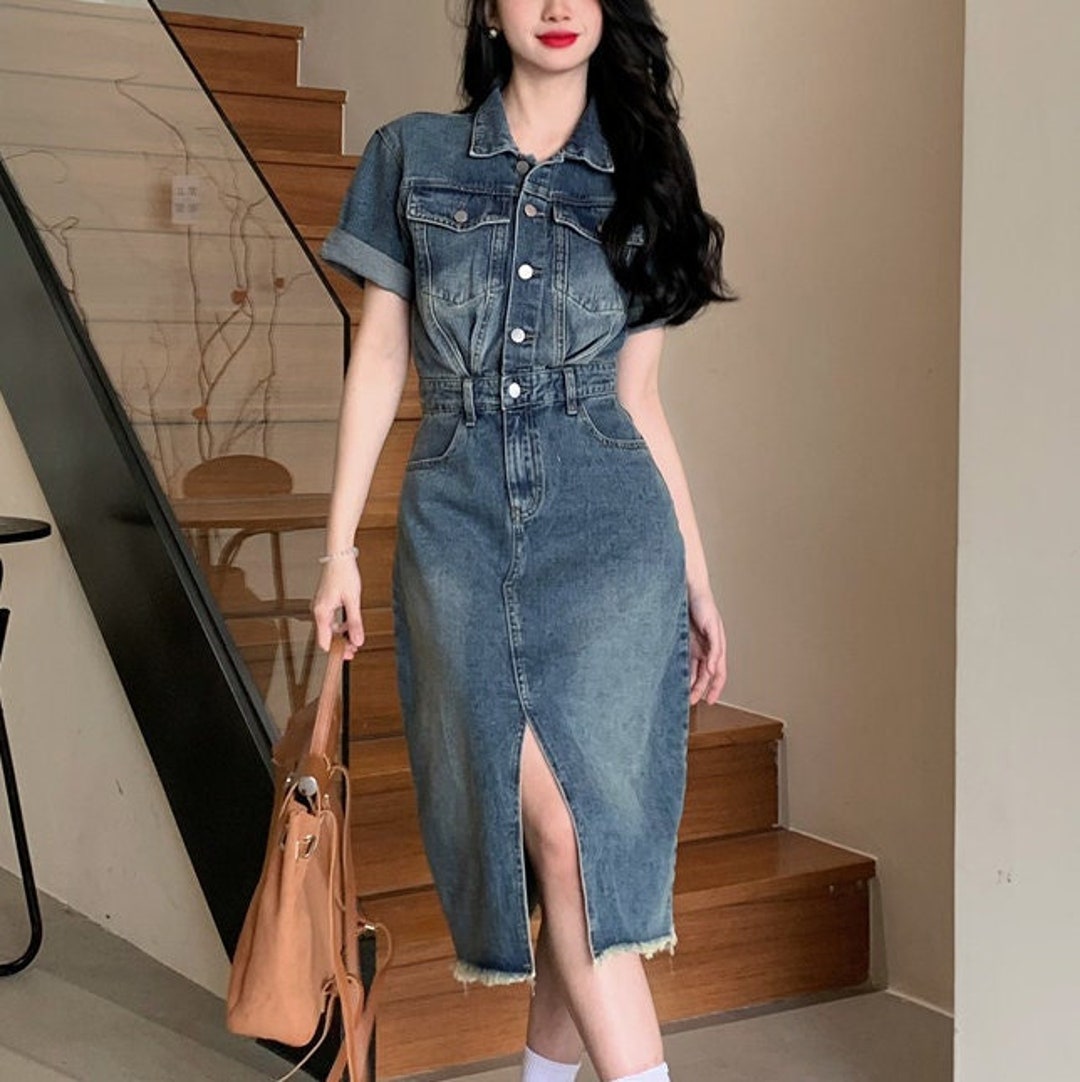 Summer Womens Knee Length Denim Dress With Turn Down Collar And Short  Sleeves Casual Boho Style Accessories In Big Sizes From Onlywear, $11.04 |  DHgate.Com