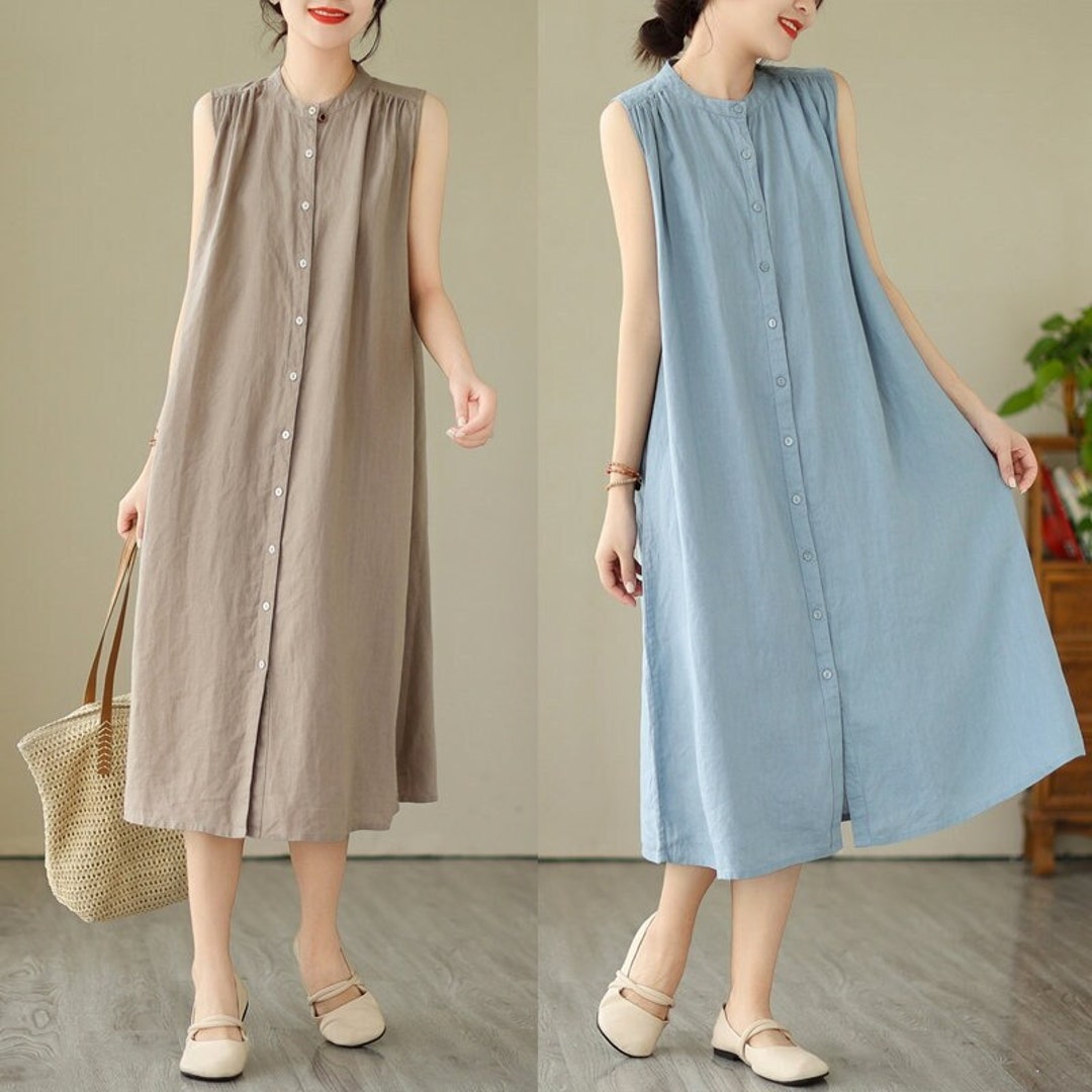 Cotton Linen Button Down Midi Dress for Women, Blouse Dress Casual
