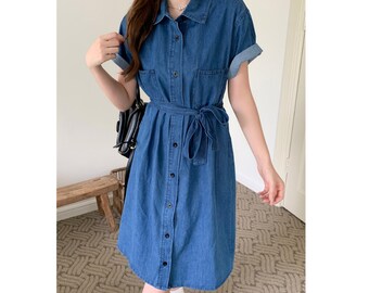 Denim Midi Dress with Belt, Vintage Denim Dress, Denim Shirt Collar Dress, Denim Shirt Dress with Pockets, Denim Dress with Short Sleeve