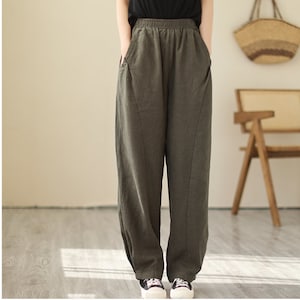 Cotton Linen Pants Women, Elastic Waist Cotton Linen Pants with Pockets, Comfy Linen Pants, Casual Pants, US Size XS-L
