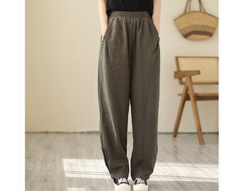 Cotton Linen Pants Women, Elastic Waist Cotton Linen Pants with Pockets, Comfy Linen Pants, Casual Pants, US Size XS-L