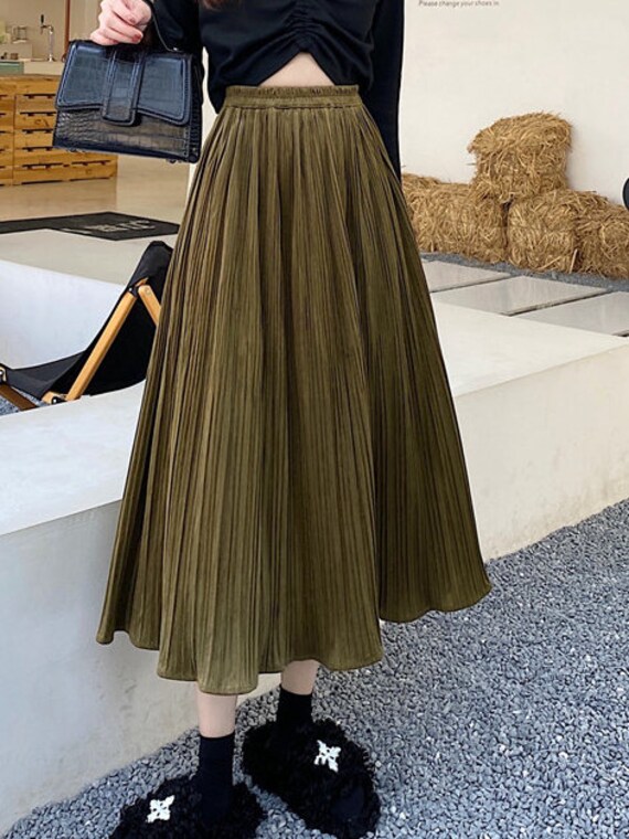 Velvet Midi Skirt Women Pleated Skirt Elastic Waist Pleated