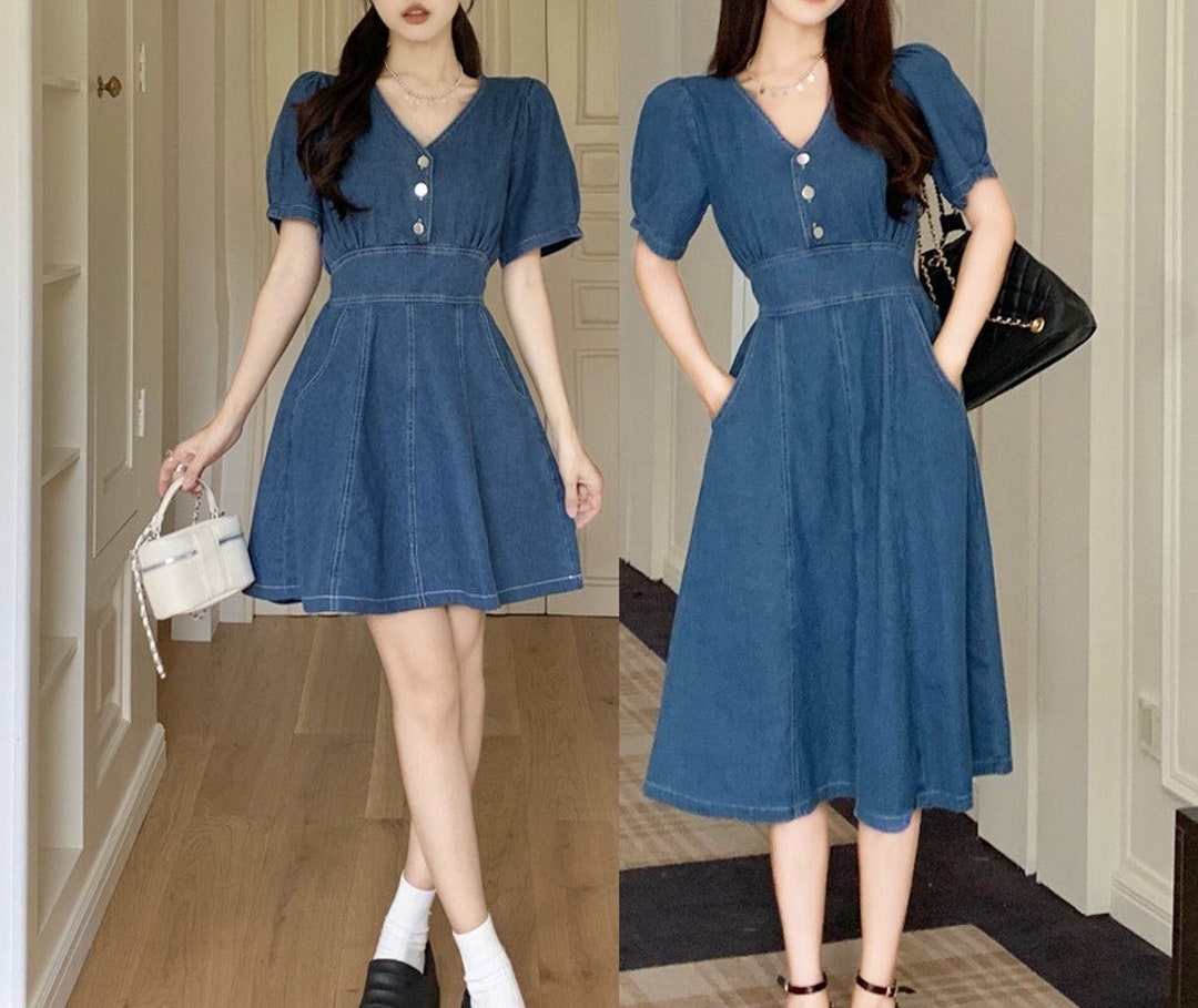 Denim Dress V Neck, Denim Dress With Short Sleeves, French Denim Dress