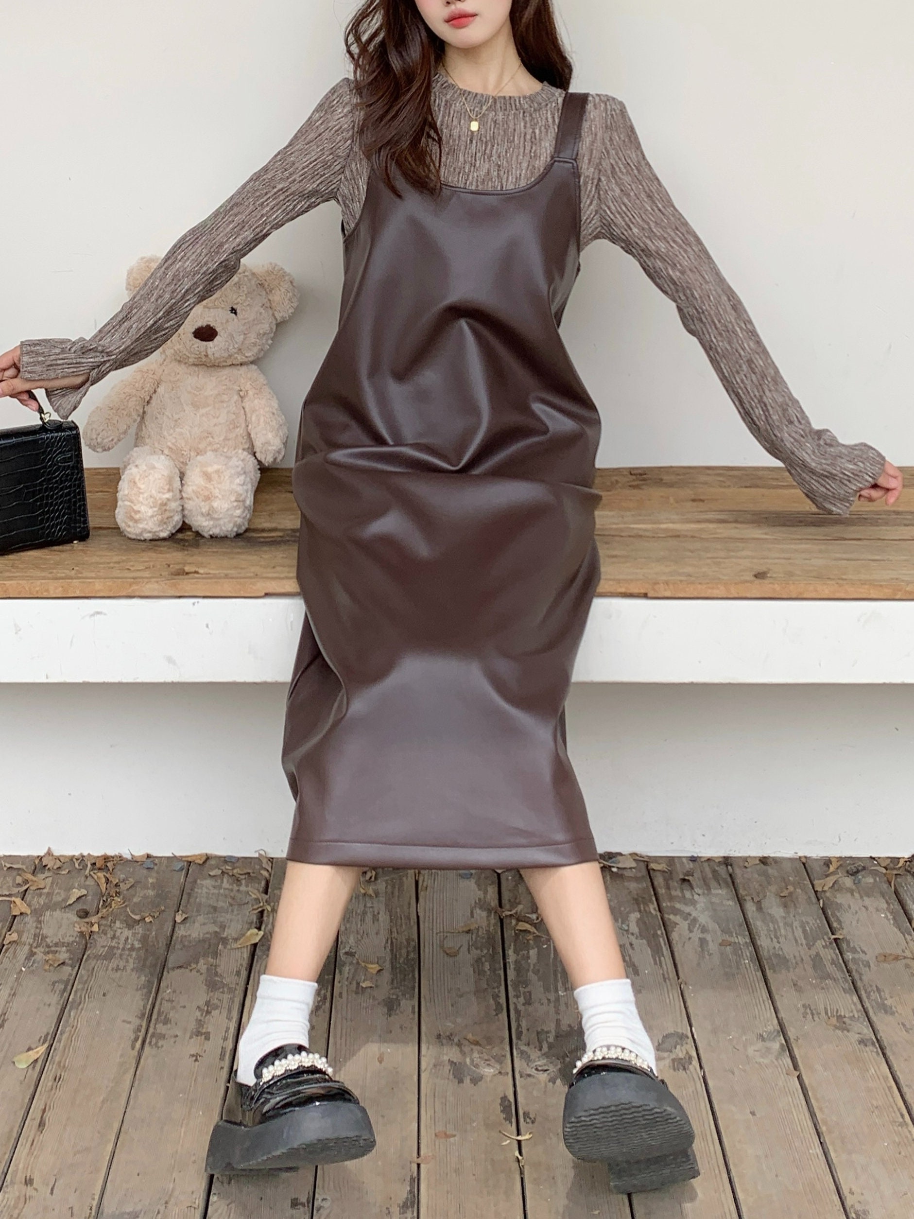 PU Leather Midi Dress Faux Leather Overall Dress for Women Etsy