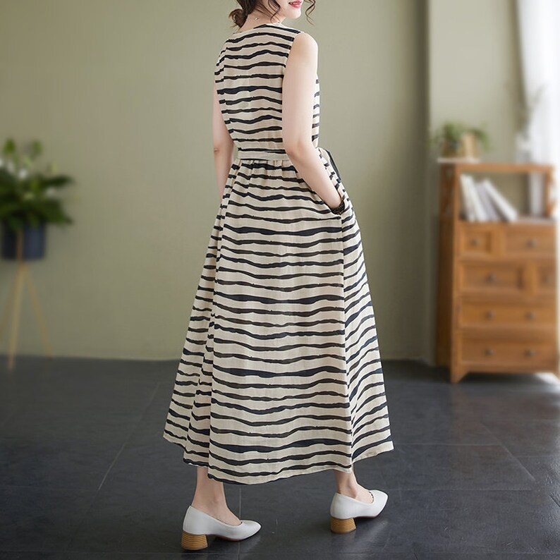 Cotton Linen Striped Midi Dress for Women Striped Print Midi Etsy