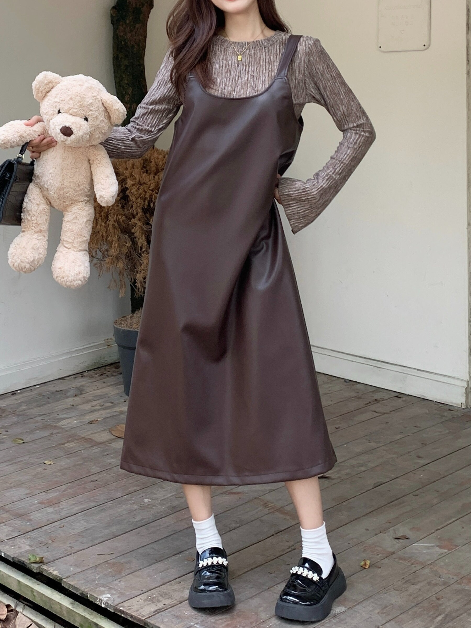 PU Leather Midi Dress Faux Leather Overall Dress for Women Etsy