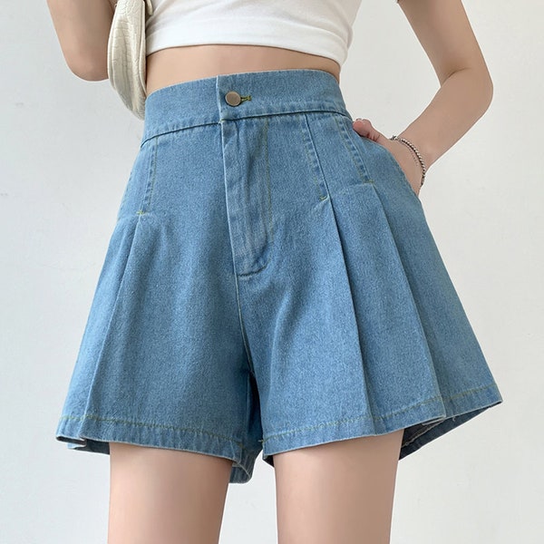 Ruffle Hem Denim Shorts Women, High Waisted Wide Leg Denim Shorts, Denim Shorts with Pockets for Women, Denim Shorts Elastic Waist