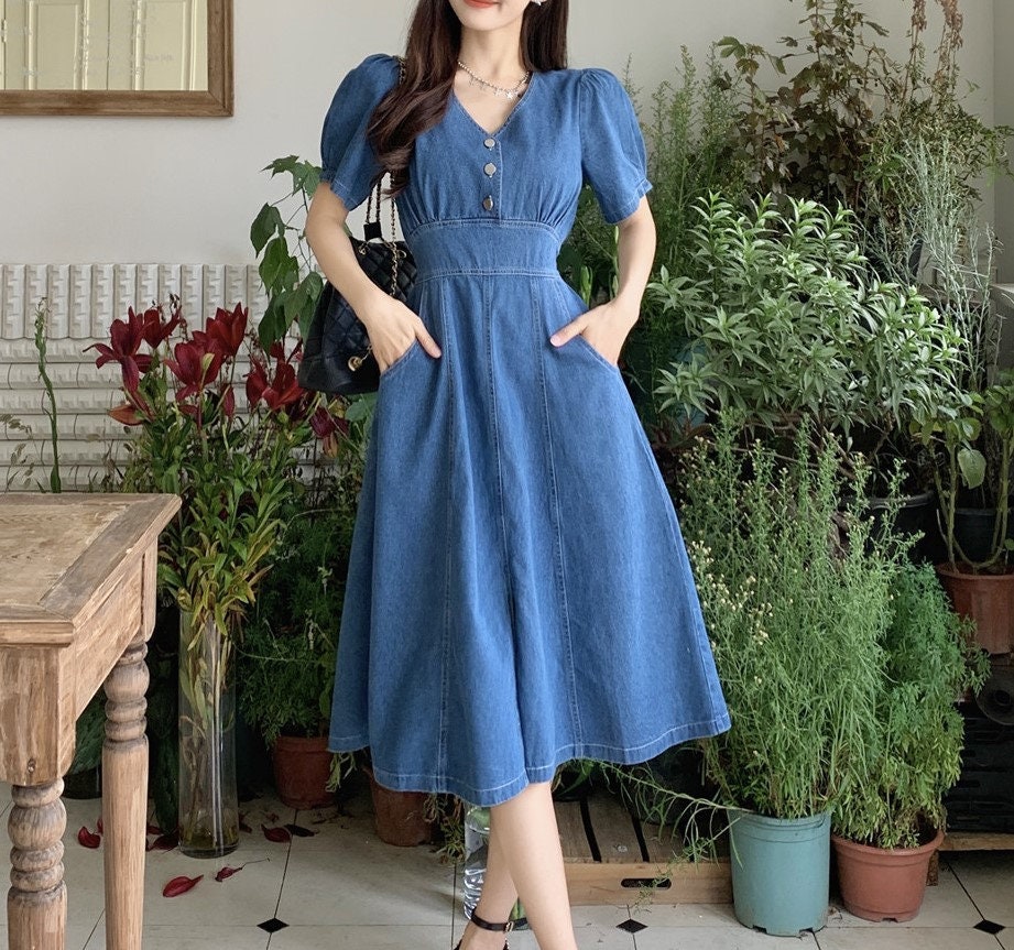 Denim Dress V Neck, Denim Dress With Short Sleeves, French Denim Dress