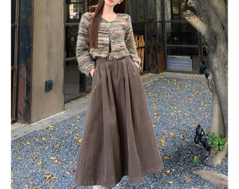 Corduroy Midi Skirt Women, Elastic Waist Corduroy Midi Skirt, A Line Midi Skirt, Corduroy Midi Skirt with Pockets, US Size XS-1XL